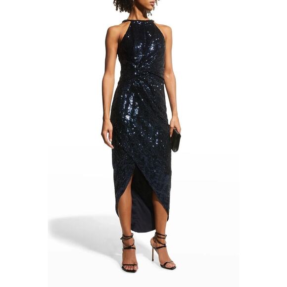 Shoshanna Wave Navy Blue Sequined Halter Sleeveless Hi-Low Cocktail Dress Sz 8 - Picture 1 of 9